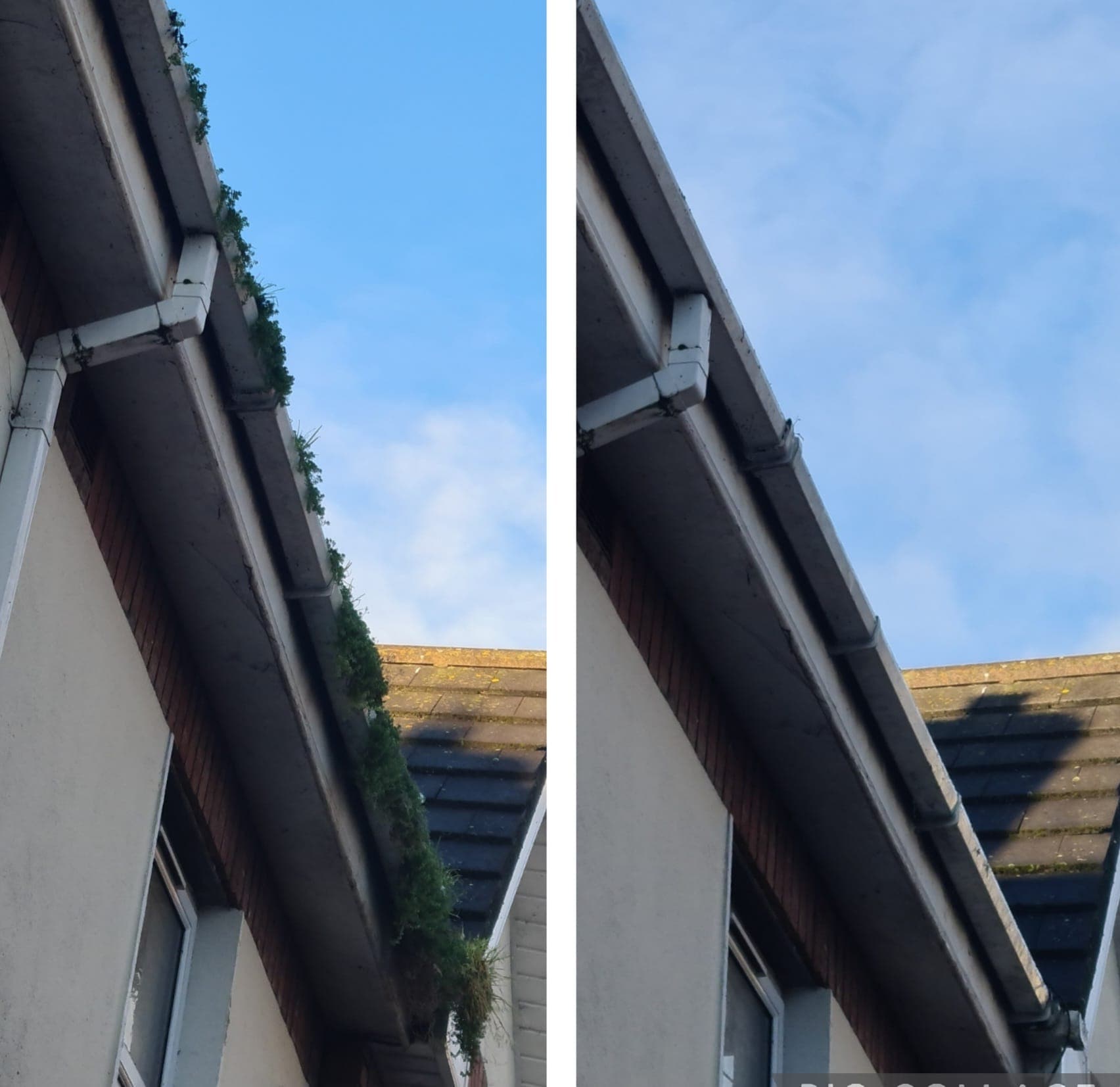 Before and after high-reach roofline gutter cleaning in Dublin