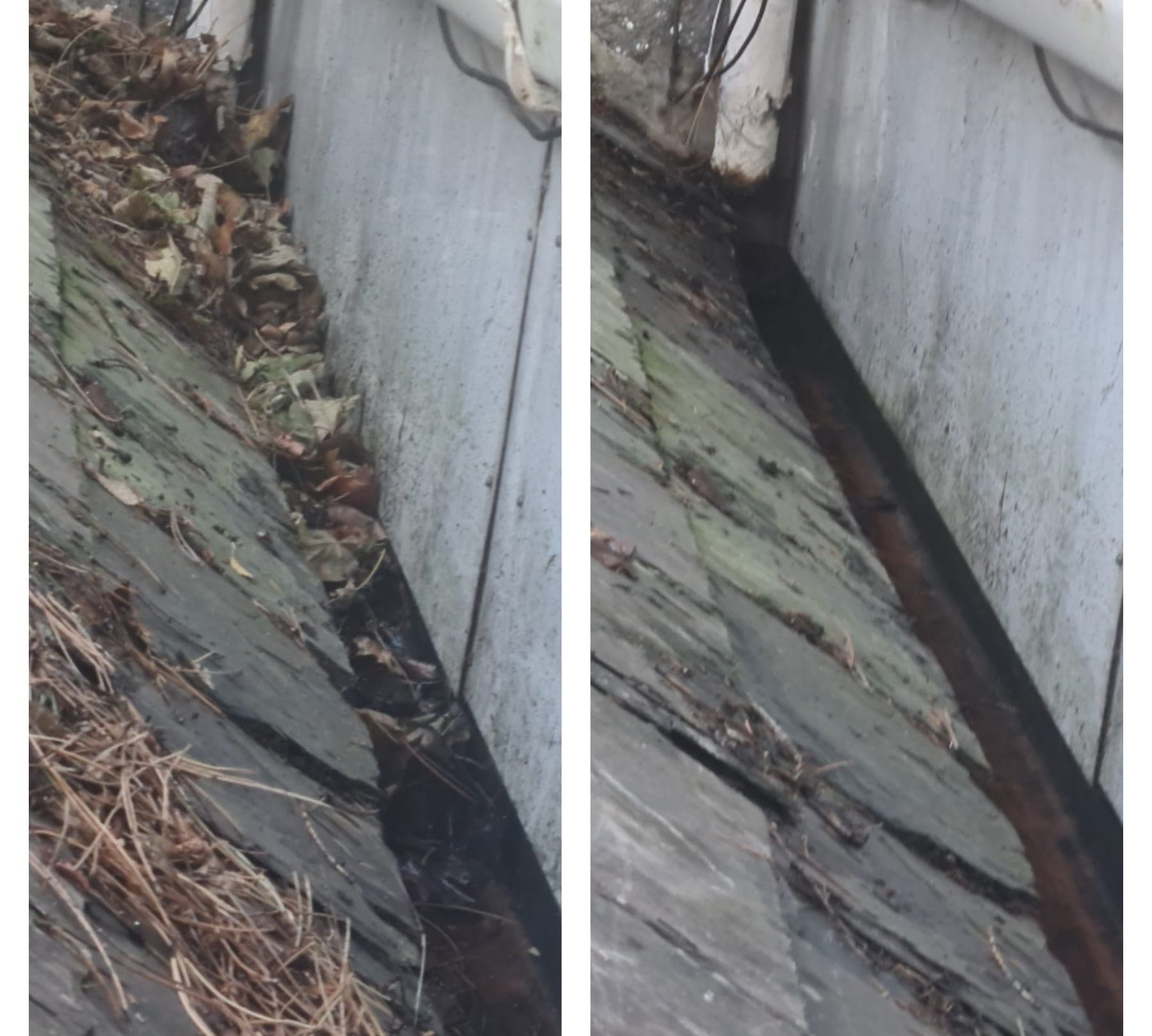 Before and after slate roof valley gutter clearance in Dublin