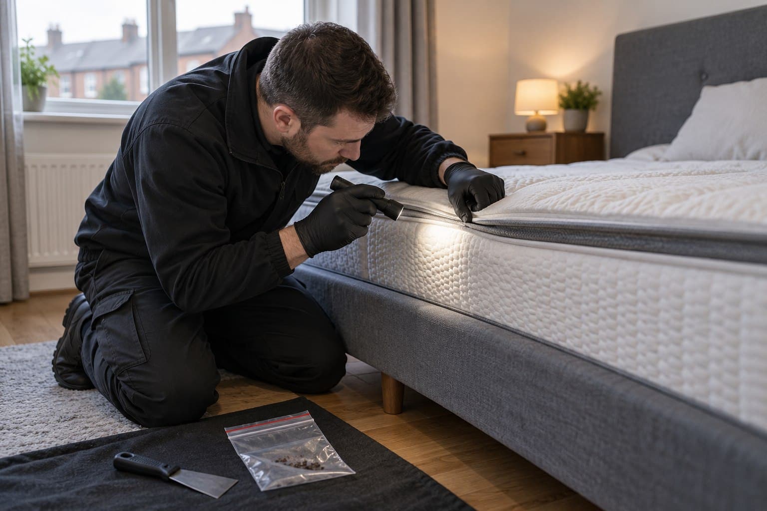 Pest control technician inspecting a mattress seam in a Dublin apartment bedroom