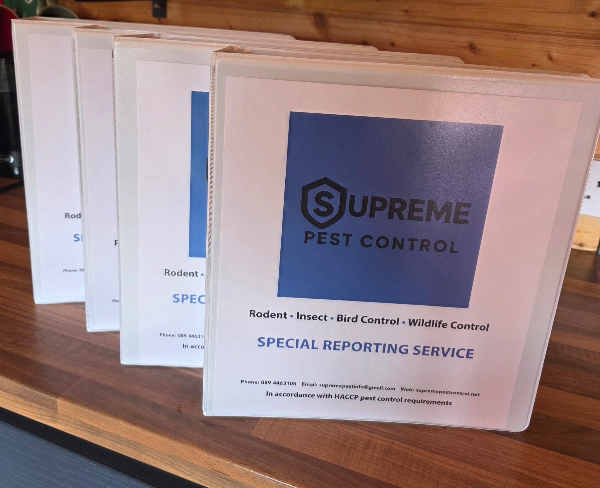 Commercial pest control service folder documentation at a Dublin business premises