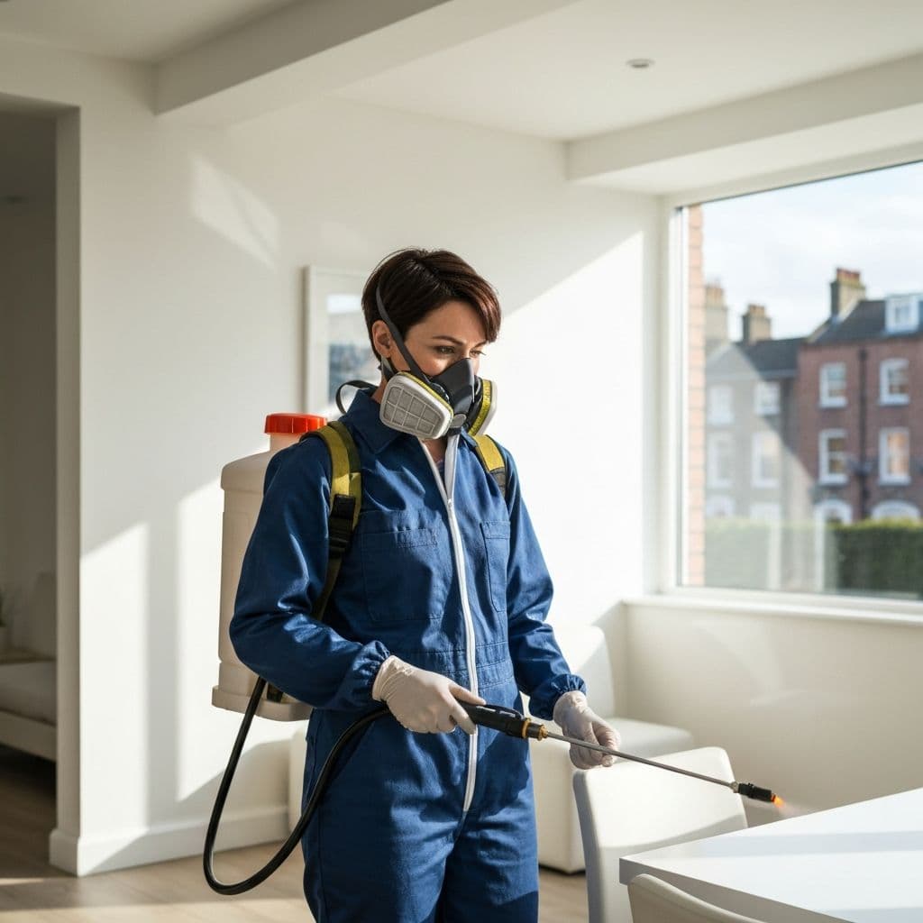 Pest control technician preparing a residential treatment in a Dublin home