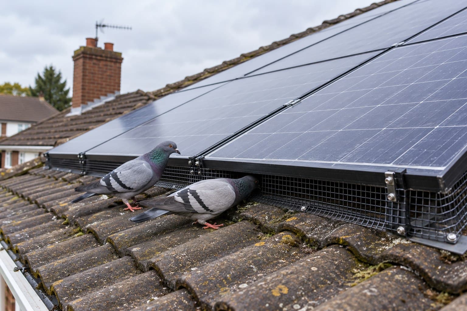 Pigeons beside exclusion mesh fitted around rooftop solar panels